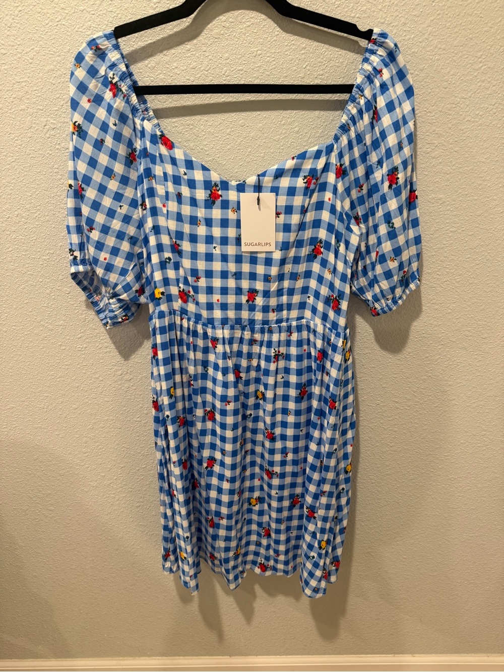 Sugarlips Blue and White Gingham Floral Puff-Sleeve Dress